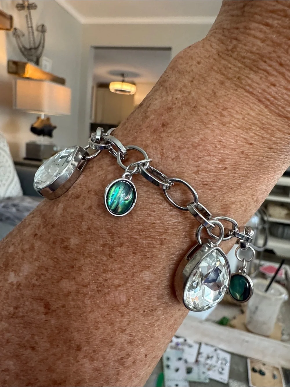 Silver-tone Teardrop Charm Bracelet with Clear Crystals and Iridescent Accents